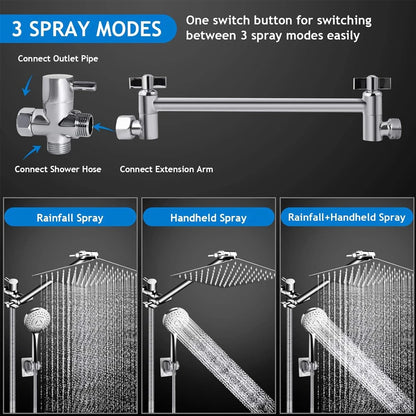 Shower Head Combo 8–12 Inch – High Pressure Rain Shower with Adjustable Extension Arm & 3-Way Handheld Spray | UniqSnaz