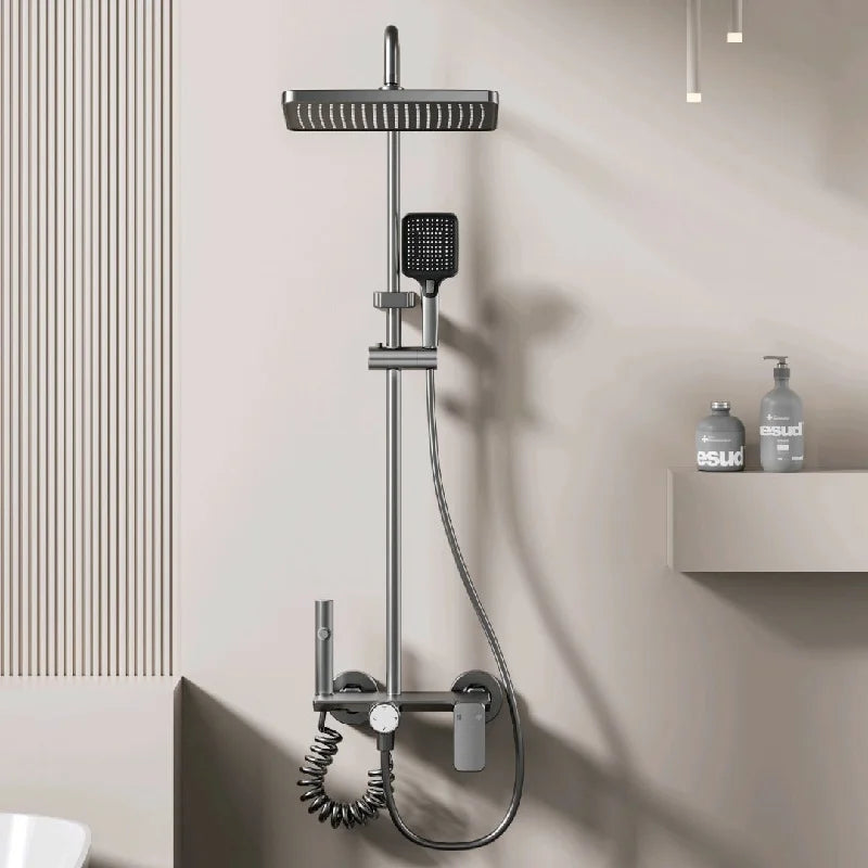 Multifunction Bathroom Shower System Set – Hot & Cold, Rotary Knob, Pressurized Aluminum, Gunmetal Gray | UniqSnaz