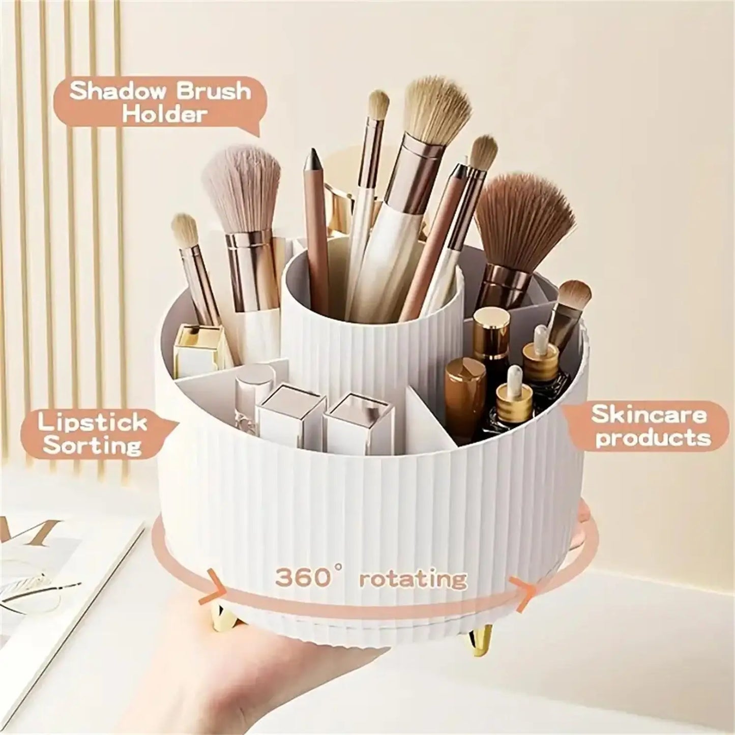 360° Rotating Makeup Organizer – Multi-Compartment Cosmetic & Brush Storage Holder