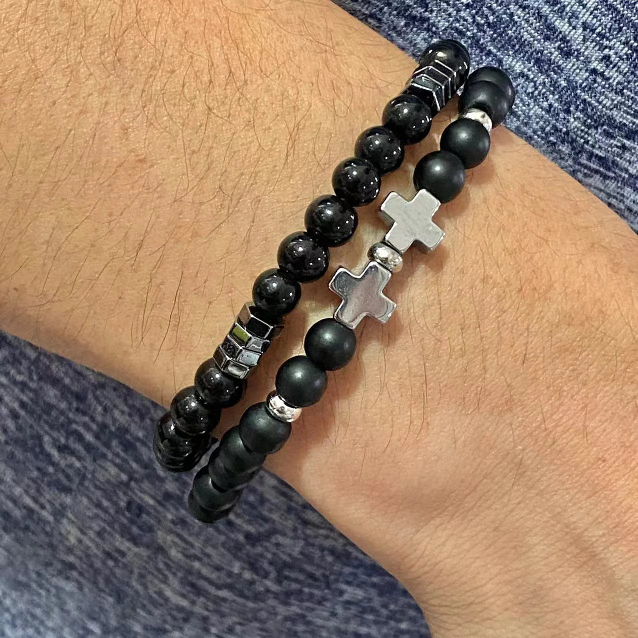 Gentlemen's Hematite Cross Bead Set