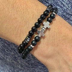 Gentlemen's Hematite Cross Bead Set