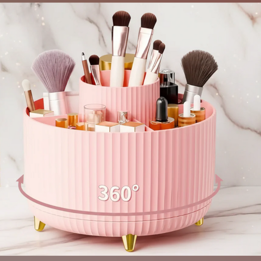 360° Rotating Makeup Organizer – Multi-Compartment Cosmetic & Brush Storage Holder