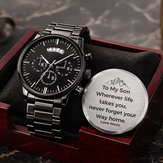 “To My Son” Black Chronograph Watch – Personalized Engraved Gift (From Mom, Dad, Grandpa, Grandma & More)