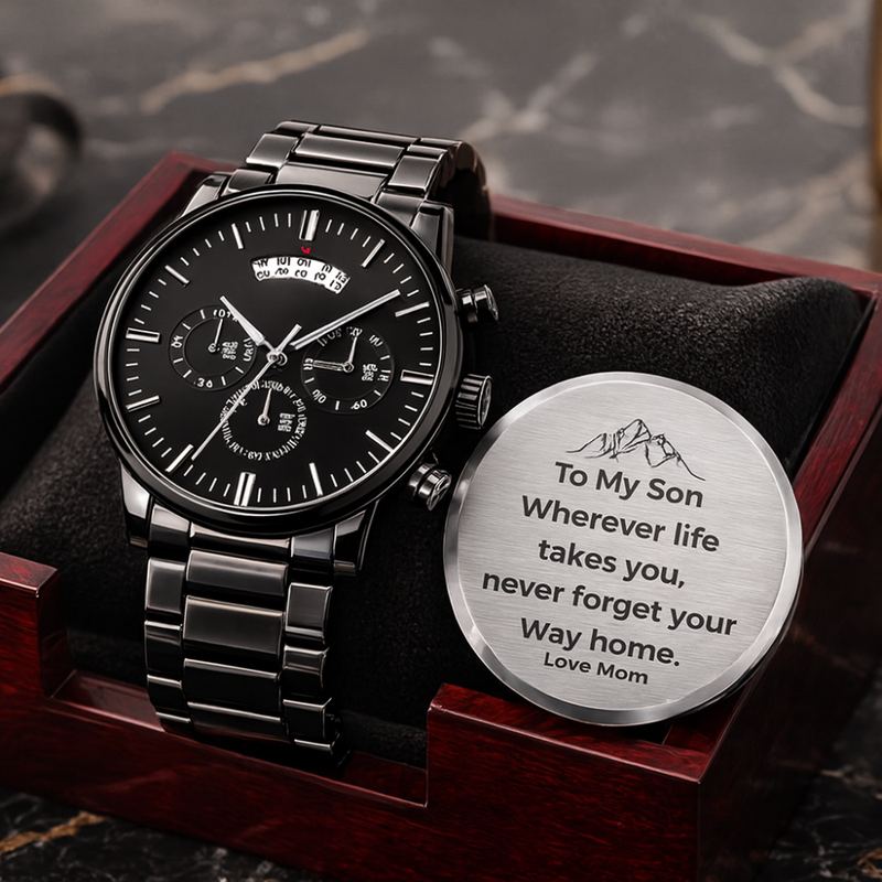 “To My Son” Black Chronograph Watch – Personalized Engraved Gift (From Mom, Dad, Grandpa, Grandma & More)