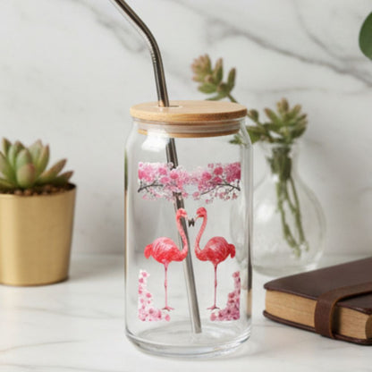 16oz Flamingo Can Glass with Lid & Straw  -- Engraved Tropical Mason Jar Tumbler