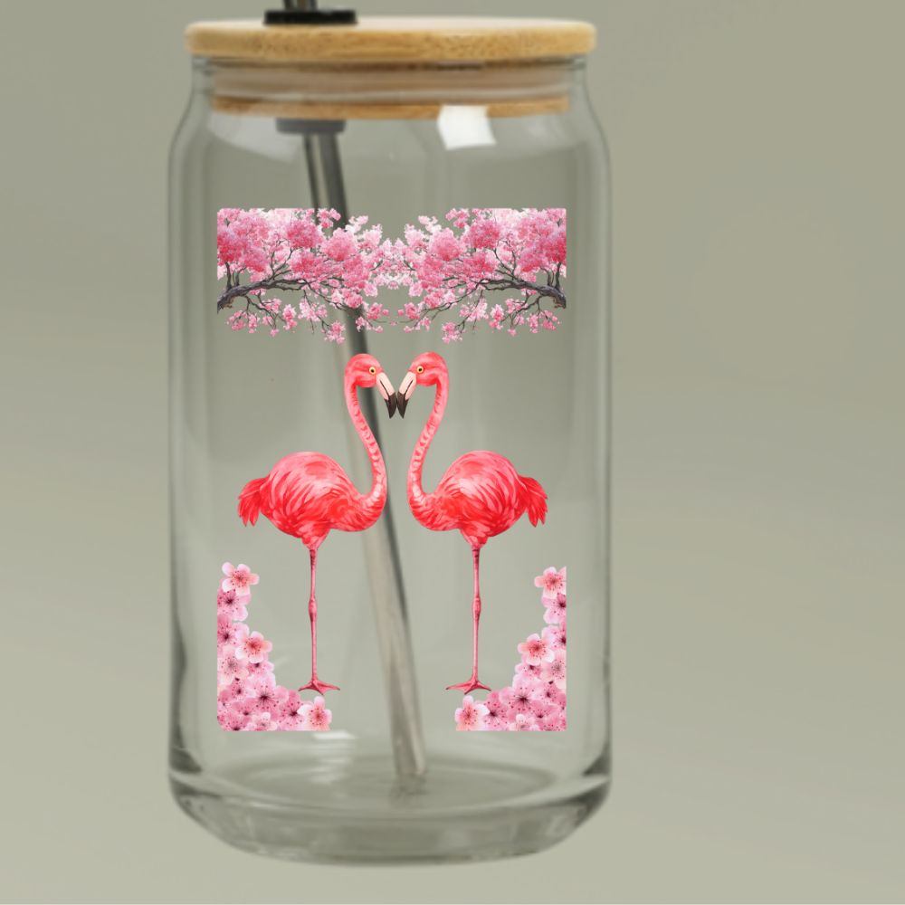 16oz Flamingo Can Glass with Lid & Straw  -- Engraved Tropical Mason Jar Tumbler