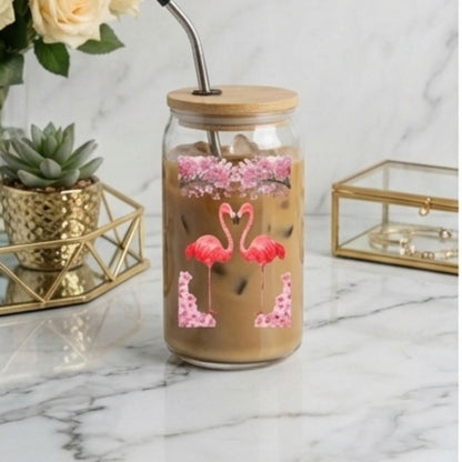 16oz Flamingo Can Glass with Lid & Straw  -- Engraved Tropical Mason Jar Tumbler