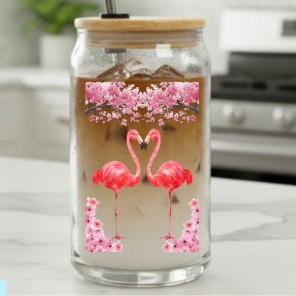 16oz Flamingo Can Glass with Lid & Straw  -- Engraved Tropical Mason Jar Tumbler
