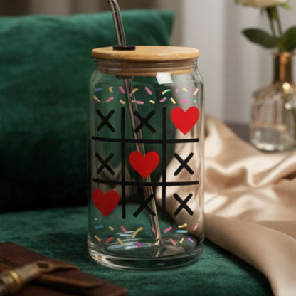 16oz Engraved Can Glass with Lid — Tic Tac Toe Hearts Design