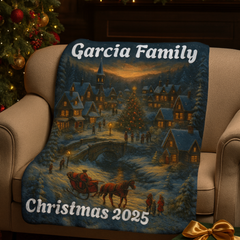 Personalized Christmas Village Blanket – Custom Family Name Holiday Throw, Cozy Winter Scene Keepsake 2025