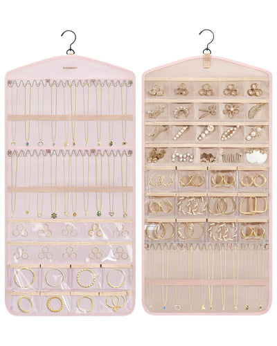 BAGSMART XL Dual-Sided Hanging Jewelry Storage with Metal Hooks - Pink