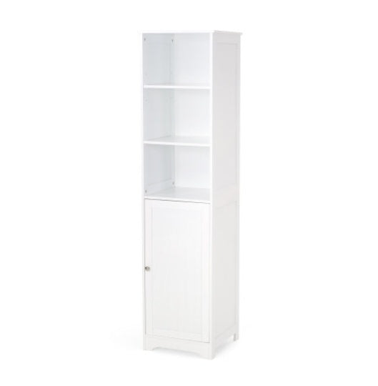 Modern White Bathroom Linen Tower Cabinet – 63" Tall with Open & Enclosed Shelves