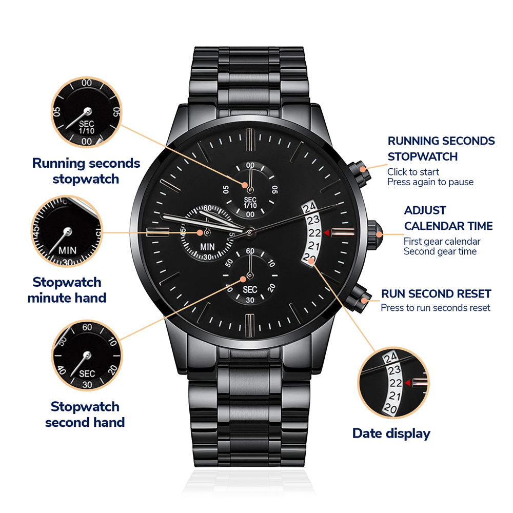 “To My Son” Black Chronograph Watch – Personalized Engraved Gift (From Mom, Dad, Grandpa, Grandma & More)