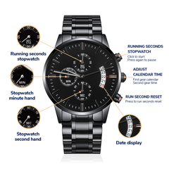 Personalized Black Chronograph Watch for Dad — “Time Well Spent” Engraved Gift from Son or Daughter