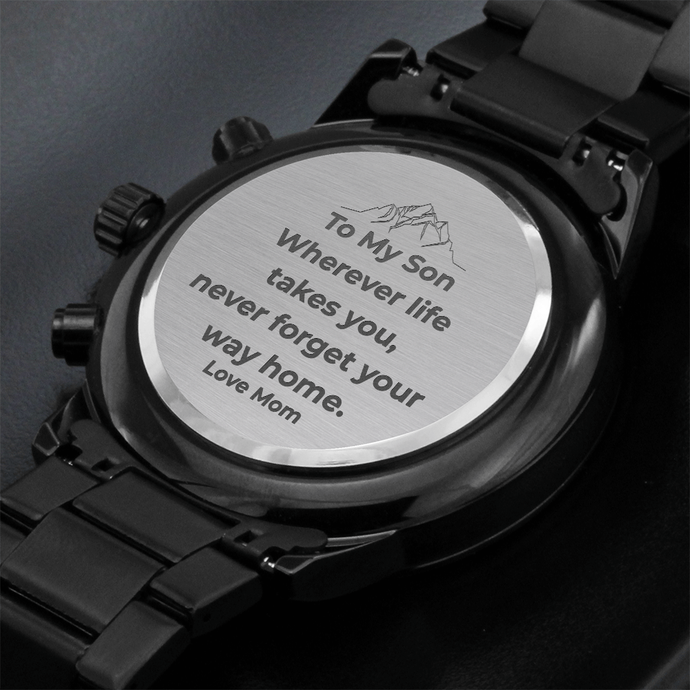 “To My Son” Black Chronograph Watch – Personalized Engraved Gift (From Mom, Dad, Grandpa, Grandma & More)