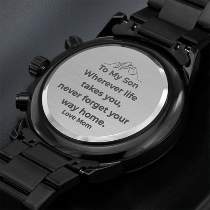“To My Son” Black Chronograph Watch – Personalized Engraved Gift (From Mom, Dad, Grandpa, Grandma & More)