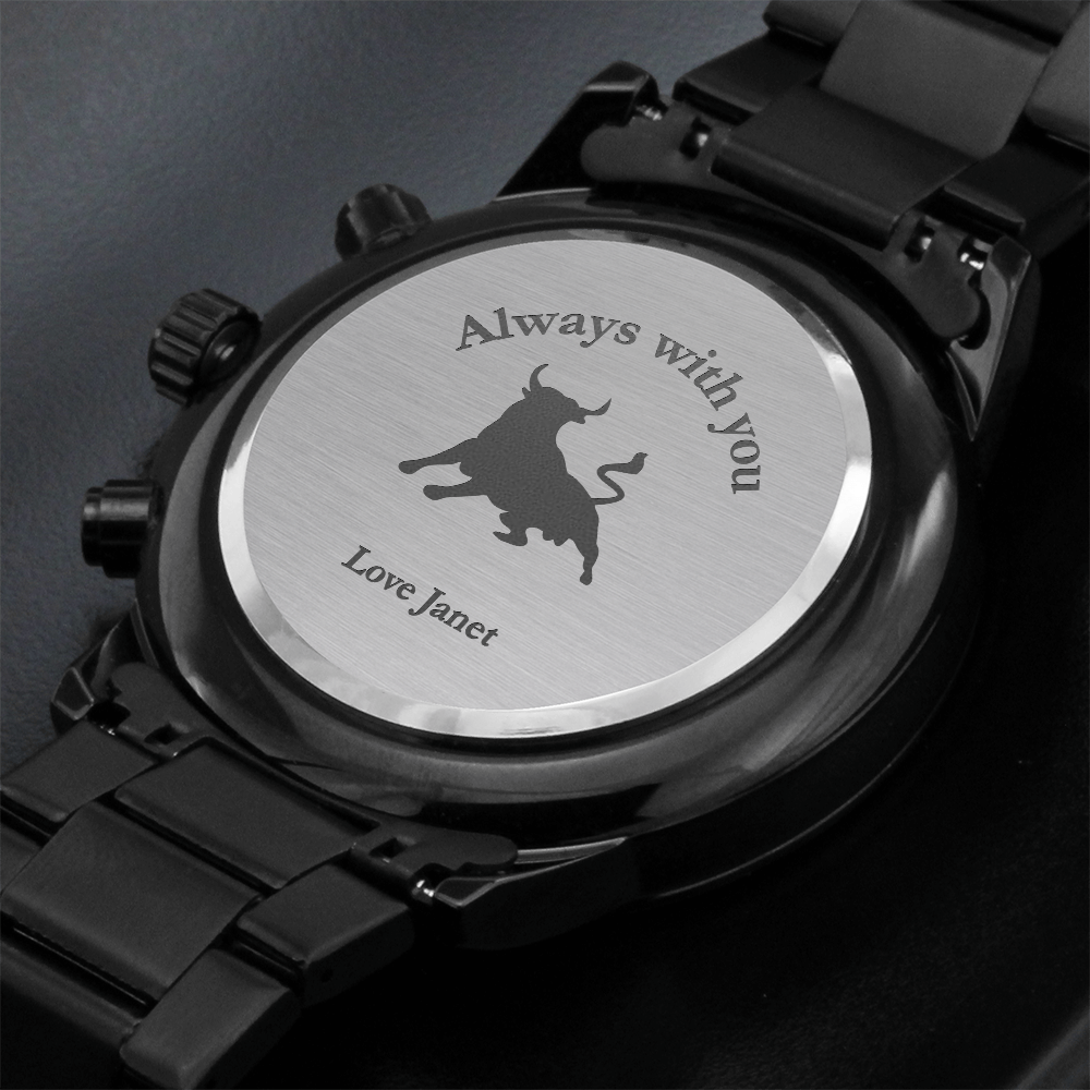 Personalized Black Chronograph Watch for Dad — “Time Well Spent” Engraved Gift from Son or Daughter