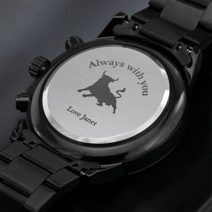 Personalized Black Chronograph Watch for Dad — “Time Well Spent” Engraved Gift from Son or Daughter