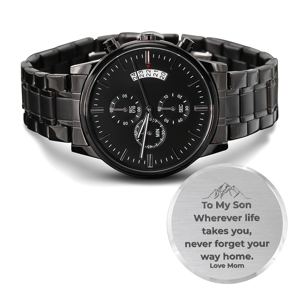 “To My Son” Black Chronograph Watch – Personalized Engraved Gift (From Mom, Dad, Grandpa, Grandma & More)