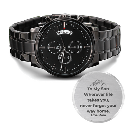 “To My Son” Black Chronograph Watch – Personalized Engraved Gift (From Mom, Dad, Grandpa, Grandma & More)