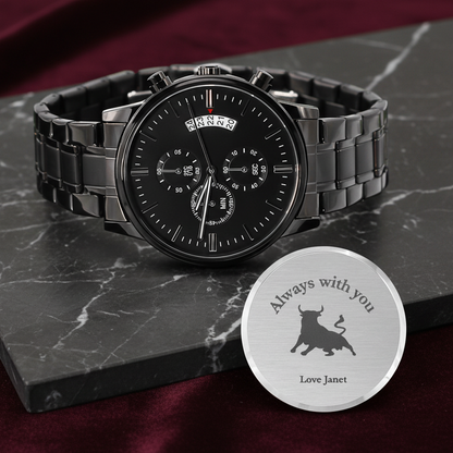 Personalized Black Chronograph Watch for Dad — “Time Well Spent” Engraved Gift from Son or Daughter