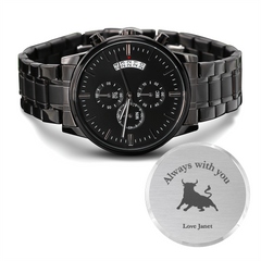 Personalized Black Chronograph Watch for Dad — “Time Well Spent” Engraved Gift from Son or Daughter
