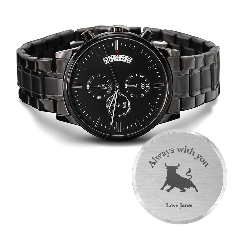Personalized Black Chronograph Watch for Dad — “Time Well Spent” Engraved Gift from Son or Daughter