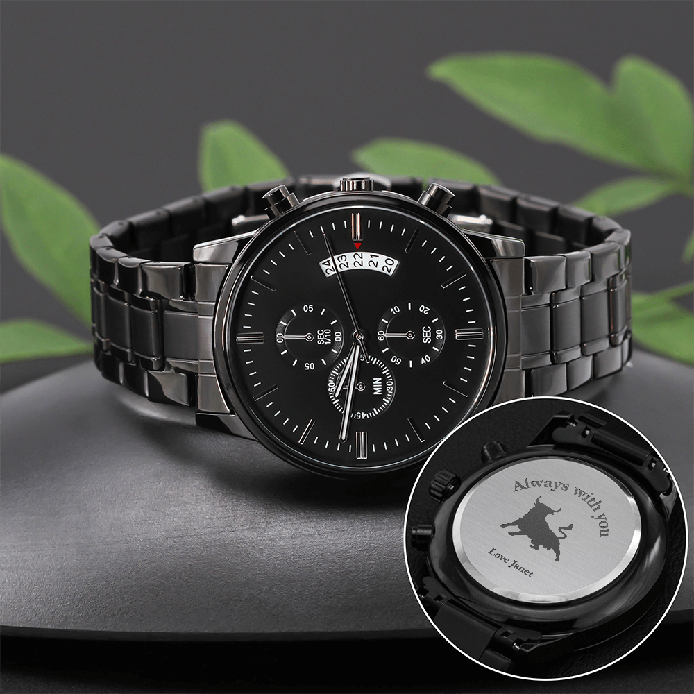 Personalized Black Chronograph Watch for Dad — “Time Well Spent” Engraved Gift from Son or Daughter