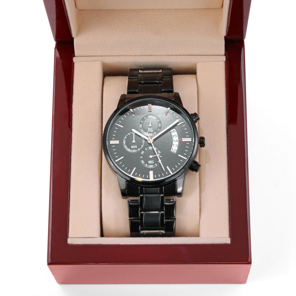 Personalized Black Chronograph Watch for Dad — “Time Well Spent” Engraved Gift from Son or Daughter