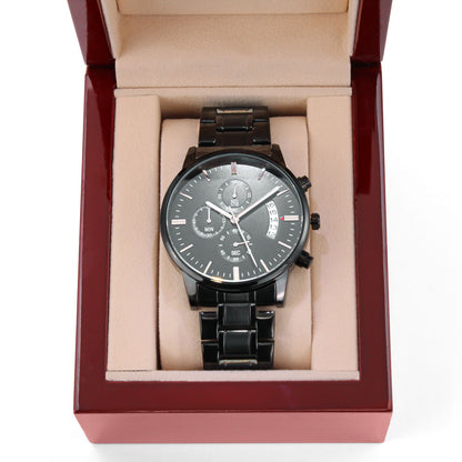 Personalized Black Chronograph Watch for Dad — “Time Well Spent” Engraved Gift from Son or Daughter