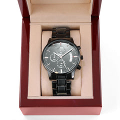 Personalized Black Chronograph Watch for Dad — “Time Well Spent” Engraved Gift from Son or Daughter