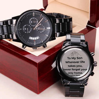 “To My Son” Black Chronograph Watch – Personalized Engraved Gift (From Mom, Dad, Grandpa, Grandma & More)