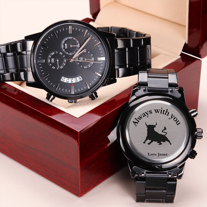 Personalized Black Chronograph Watch for Dad — “Time Well Spent” Engraved Gift from Son or Daughter