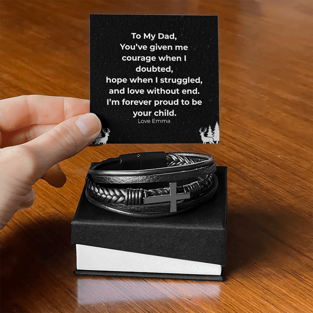 “To My Dad” Cross Leather Bracelet with Message Card — Personalized Gift from Son or Daughter