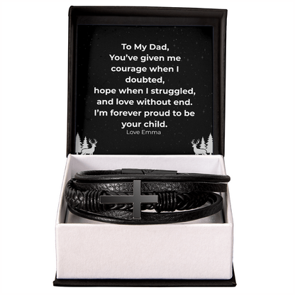 “To My Dad” Cross Leather Bracelet with Message Card — Personalized Gift from Son or Daughter