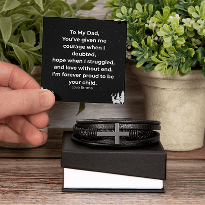 “To My Dad” Cross Leather Bracelet with Message Card — Personalized Gift from Son or Daughter