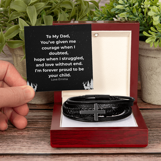 “To My Dad” Cross Leather Bracelet with Message Card — Personalized Gift from Son or Daughter