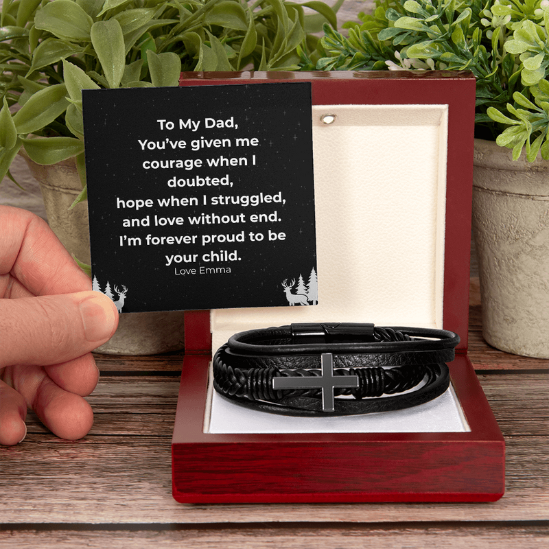 “To My Dad” Cross Leather Bracelet with Message Card — Personalized Gift from Son or Daughter