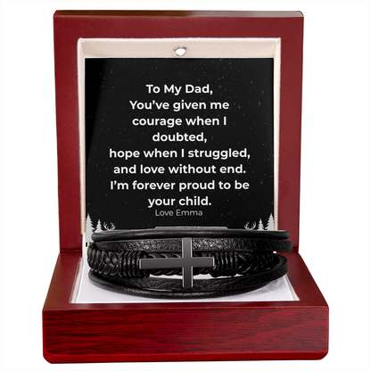 “To My Dad” Cross Leather Bracelet with Message Card — Personalized Gift from Son or Daughter
