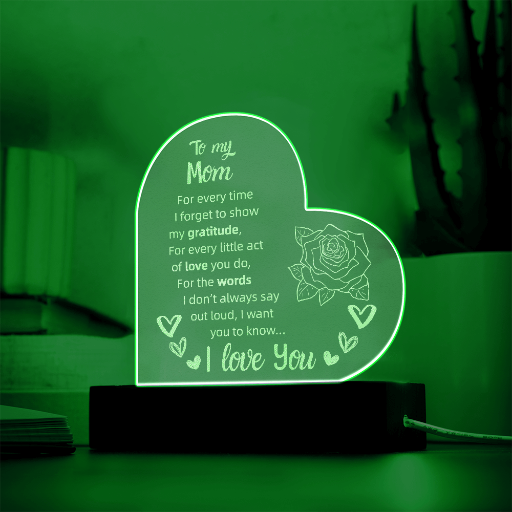 To My Mom Heart LED Acrylic Night Light – Personalized Gift with Loving Message