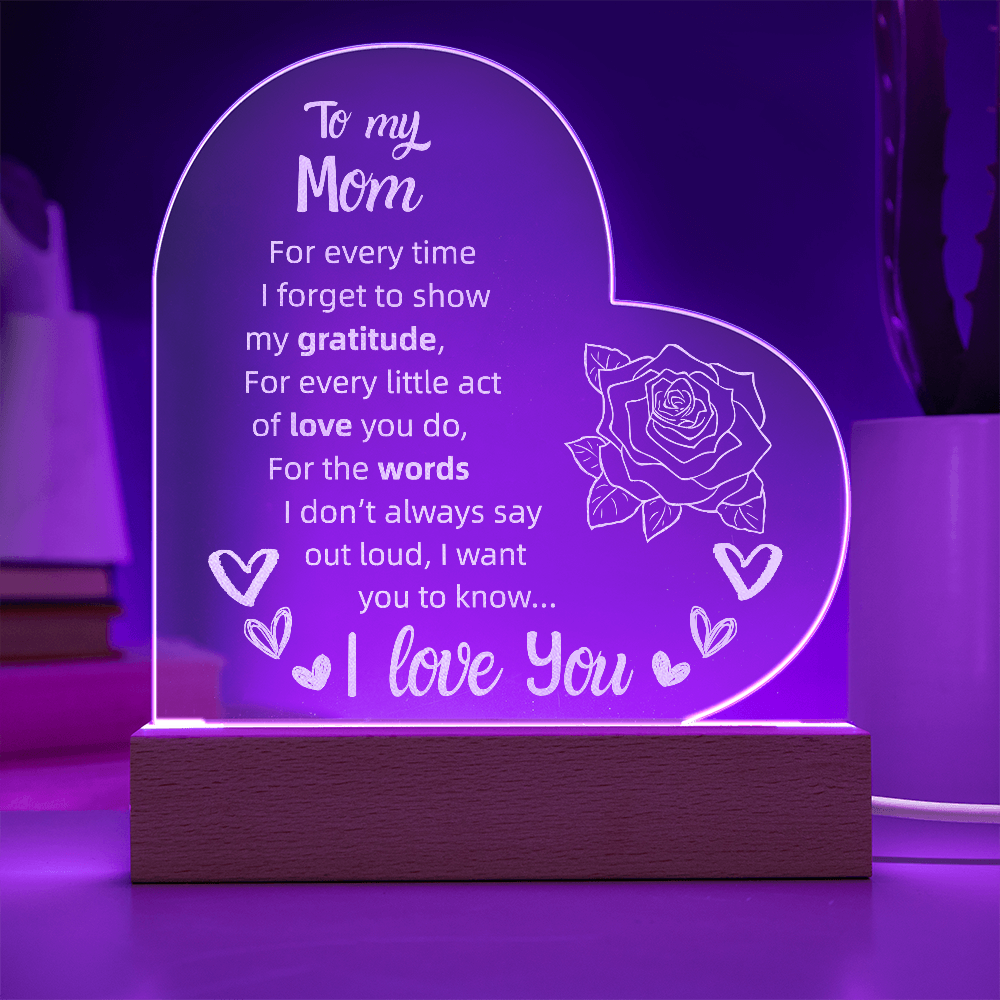 To My Mom Heart LED Acrylic Night Light – Personalized Gift with Loving Message