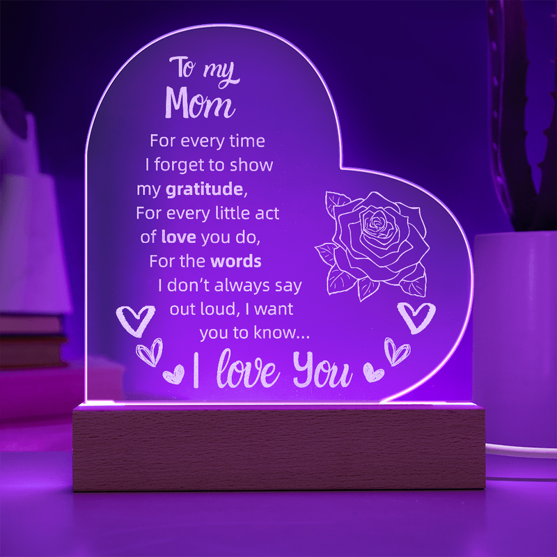 To My Mom Heart LED Acrylic Night Light – Personalized Gift with Loving Message