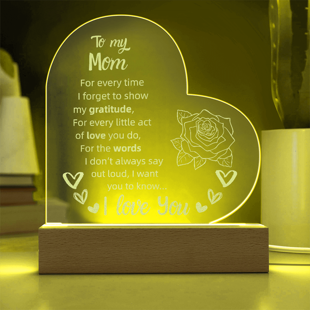 To My Mom Heart LED Acrylic Night Light – Personalized Gift with Loving Message