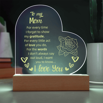 To My Mom Heart LED Acrylic Night Light – Personalized Gift with Loving Message
