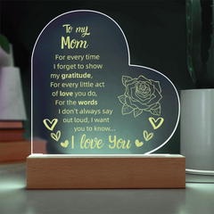 To My Mom Heart LED Acrylic Night Light – Personalized Gift with Loving Message