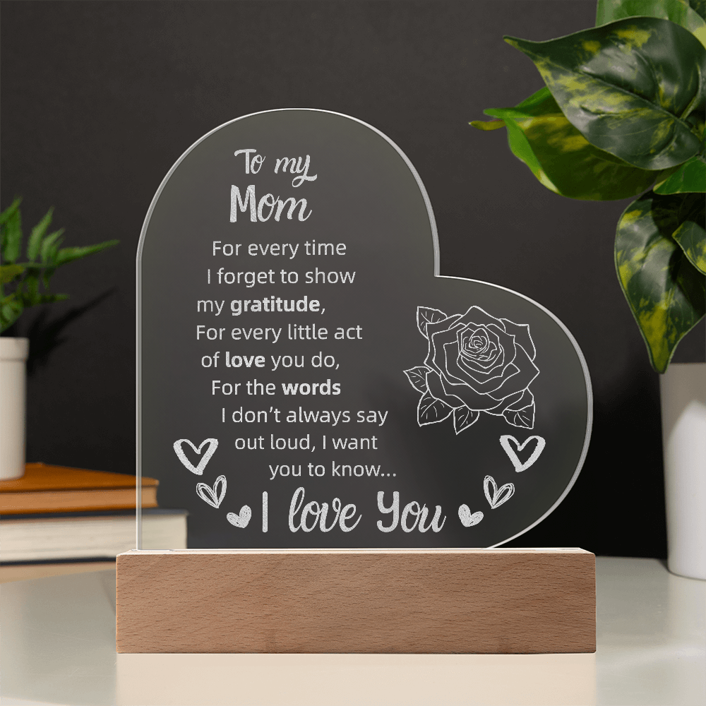 To My Mom Heart LED Acrylic Night Light – Personalized Gift with Loving Message