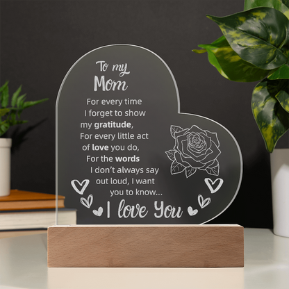 To My Mom Heart LED Acrylic Night Light – Personalized Gift with Loving Message