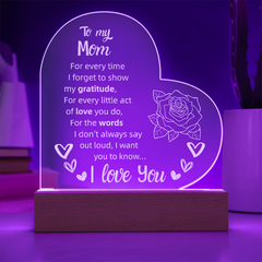 To My Mom Heart LED Acrylic Night Light – Personalized Gift with Loving Message