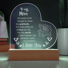 To My Mom Heart LED Acrylic Night Light – Personalized Gift with Loving Message