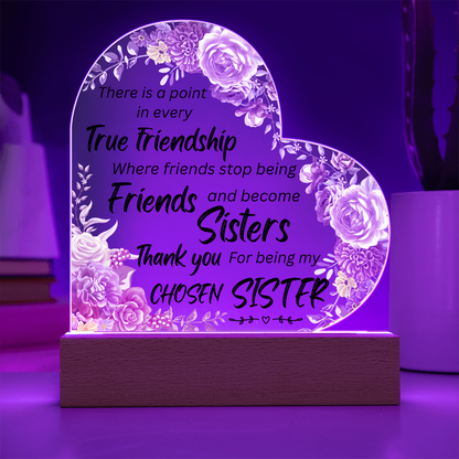 Personalized Sisters Heart LED Acrylic Plaque – “Chosen Sister” Friendship Light Gift